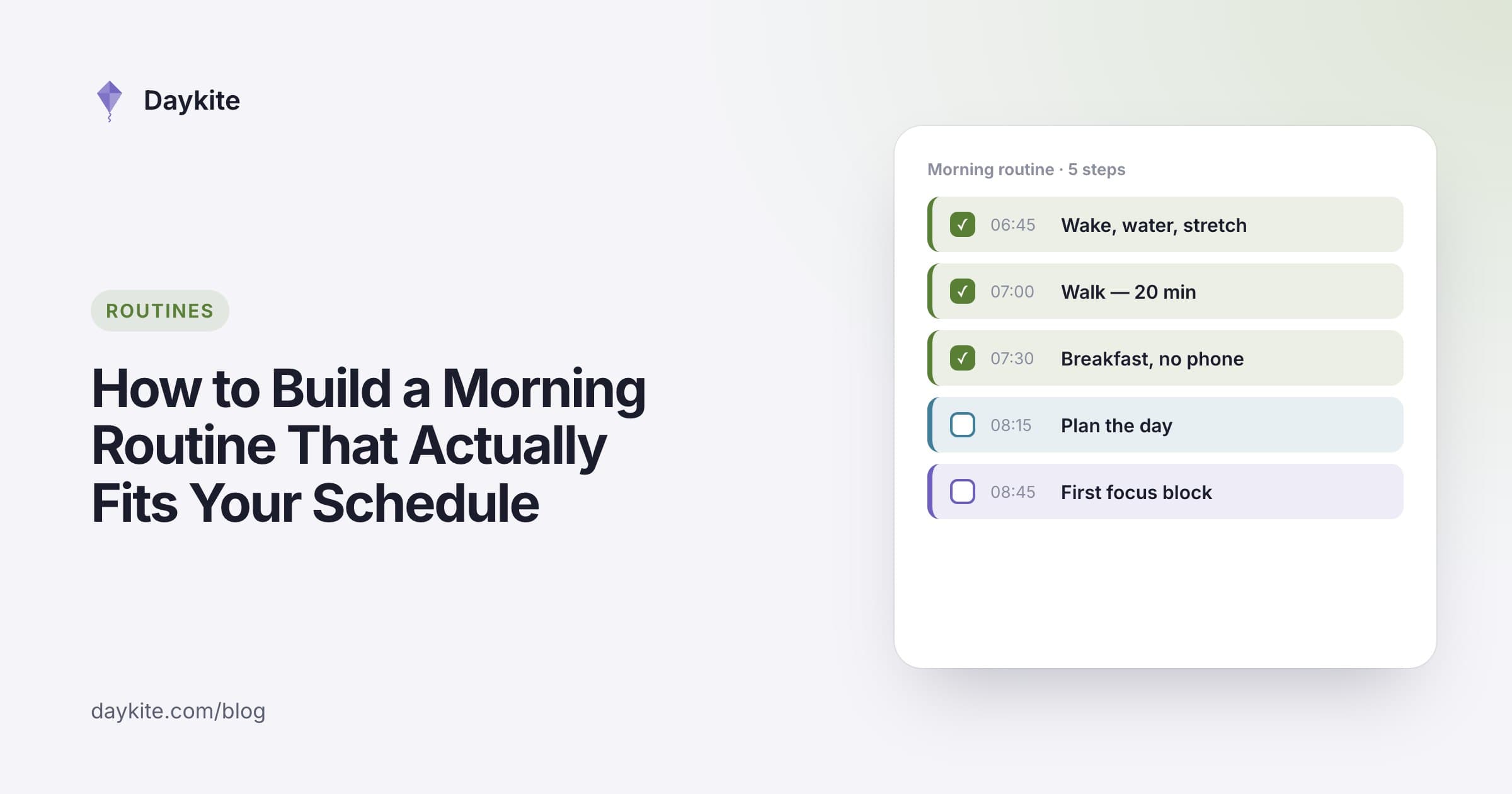 A morning routine checklist with timed steps, some ticked, beside the title "How to build a morning routine that actually fits your schedule