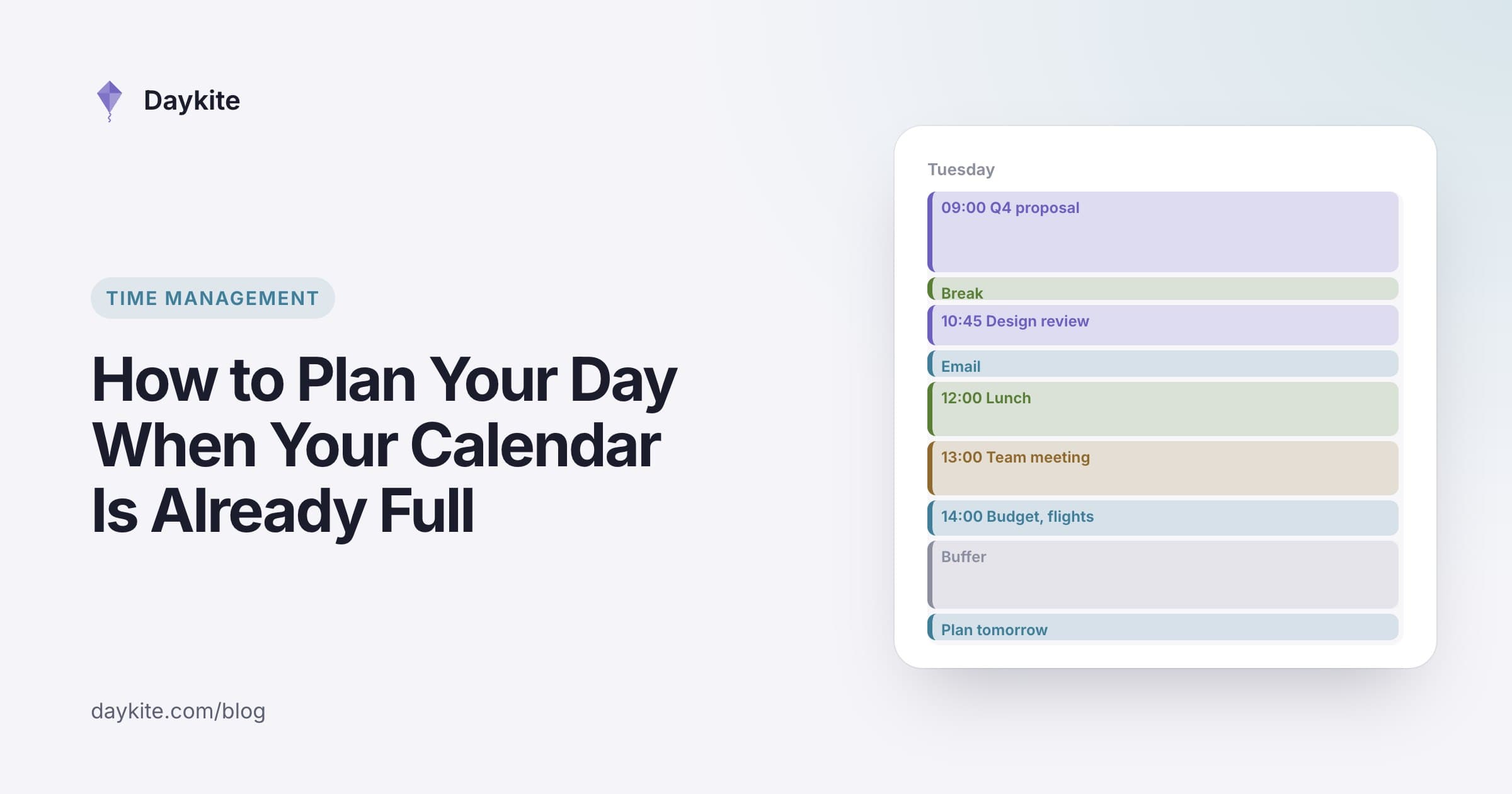 A time-blocked day with meetings and short task blocks, beside the title "How to plan your day when your calendar is already full