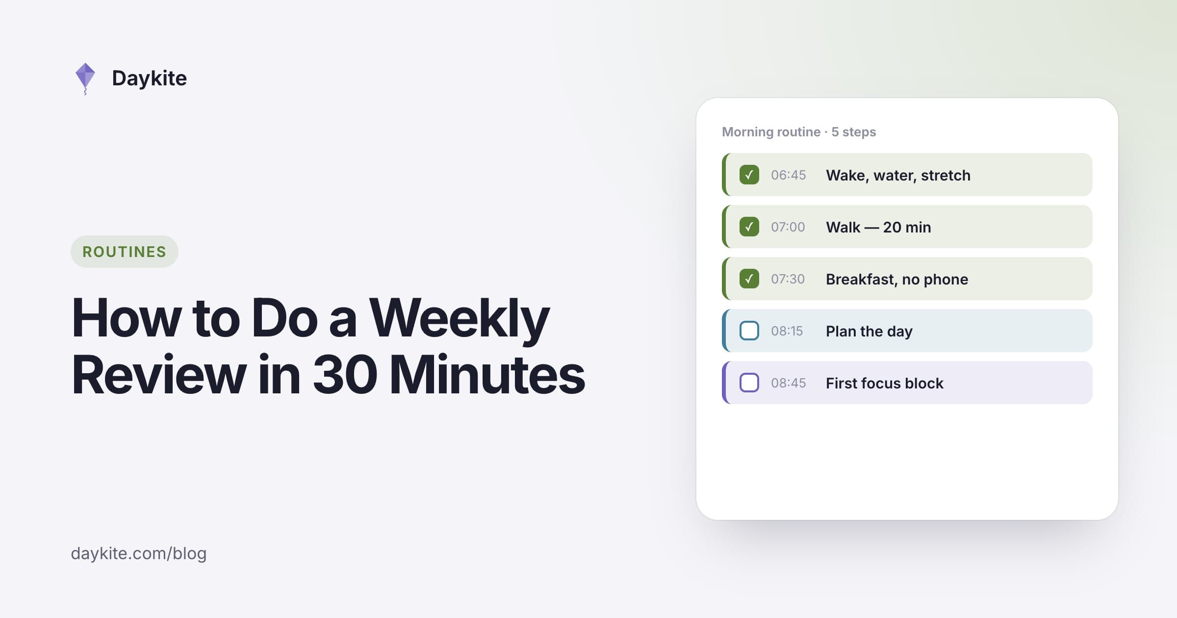 A checklist of weekly review steps beside the title "How to do a weekly review in 30 minutes