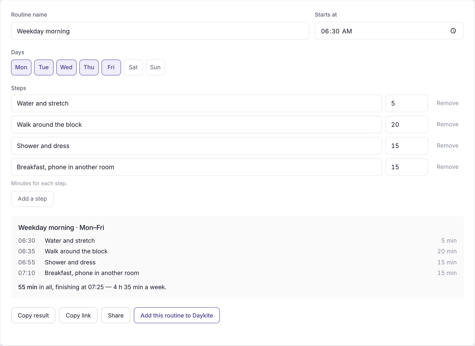 The Routine Builder showing a weekday morning routine with timed steps and a finish time