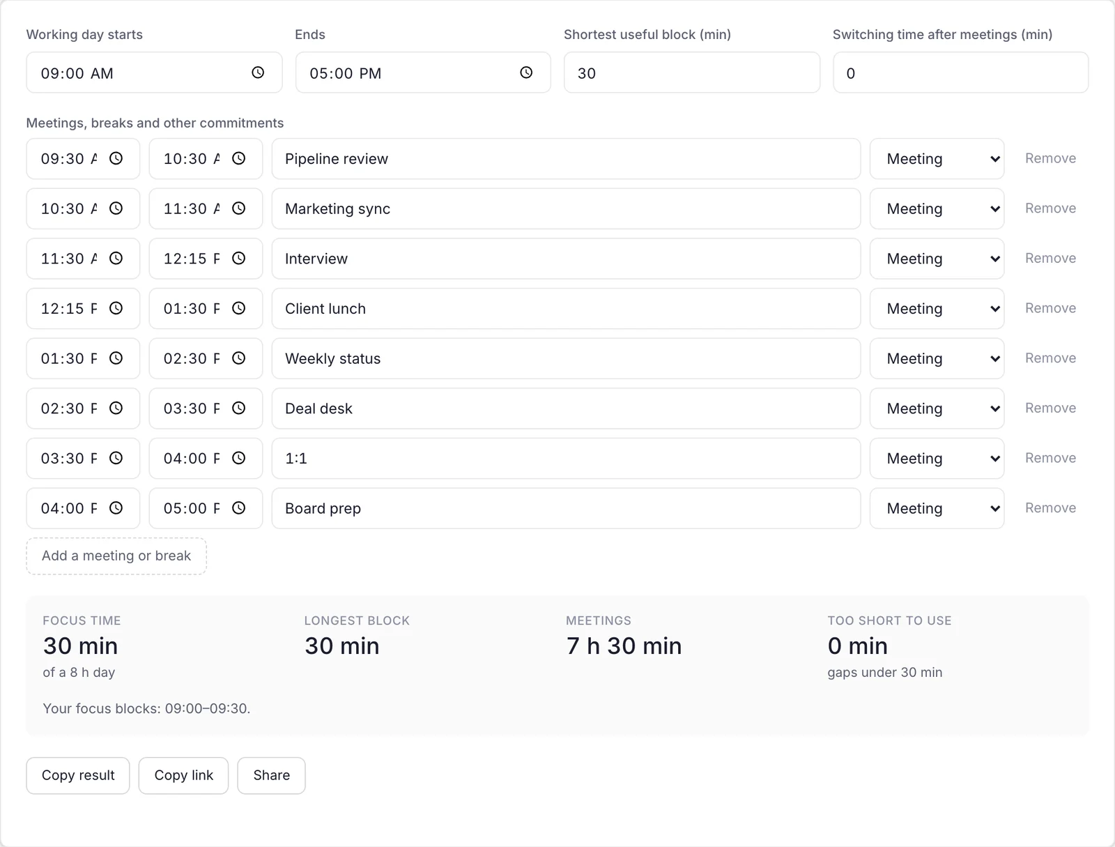 The Focus Time Calculator with a full day of meetings entered, showing the longest free block and total focus time left