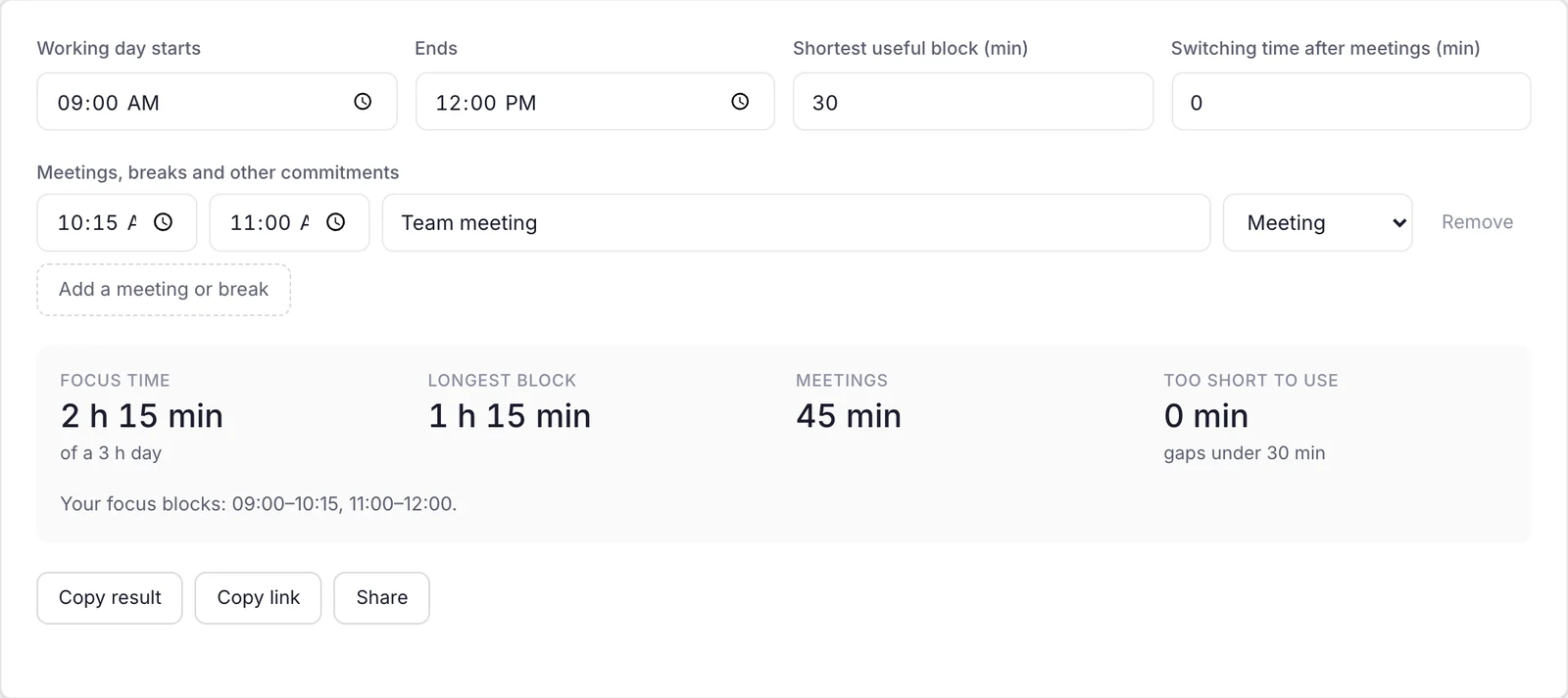 The Focus Time Calculator for one of Chen's original mornings, 09:00 to 12:00, with a meeting at 10:15 and a longest free block of 75 minutes
