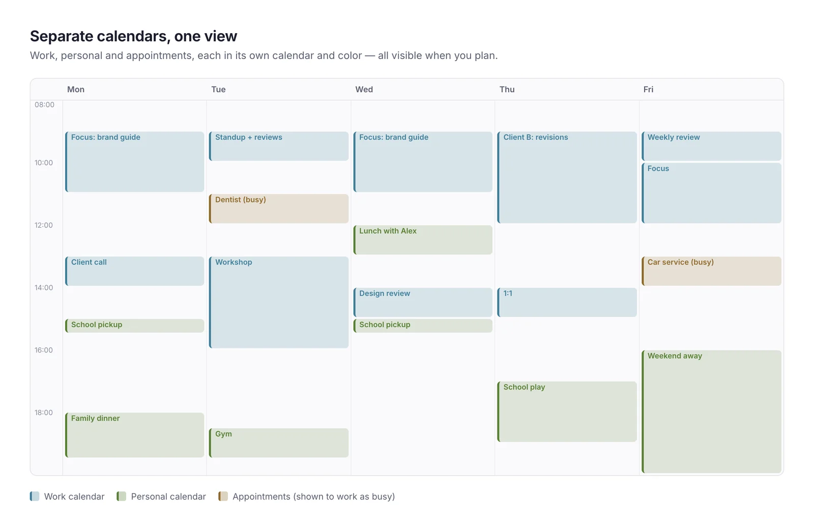 A work week with work meetings, personal appointments and family commitments in different colors, all visible together in one view