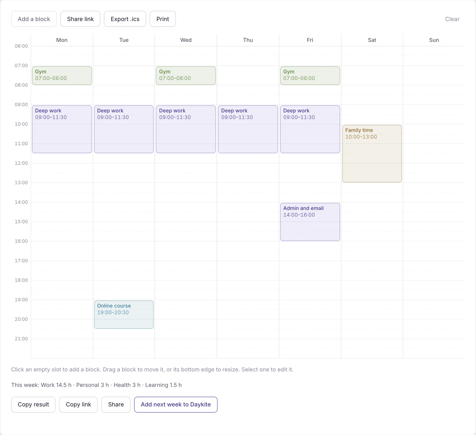The free Weekly Planner showing a week of colored blocks from Monday to Sunday