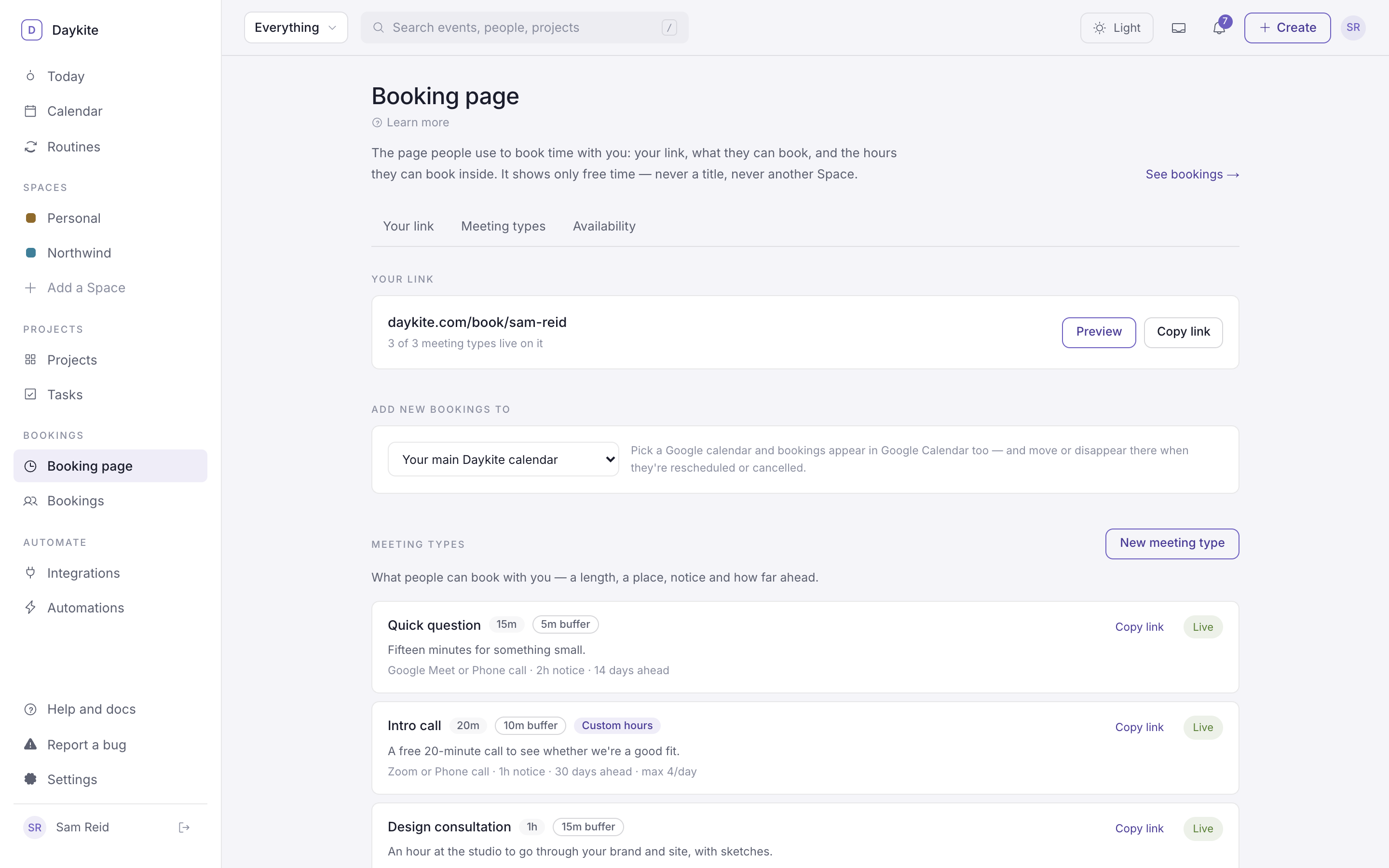 The Booking page setup with Your link, Add new bookings to, and the list of meeting types