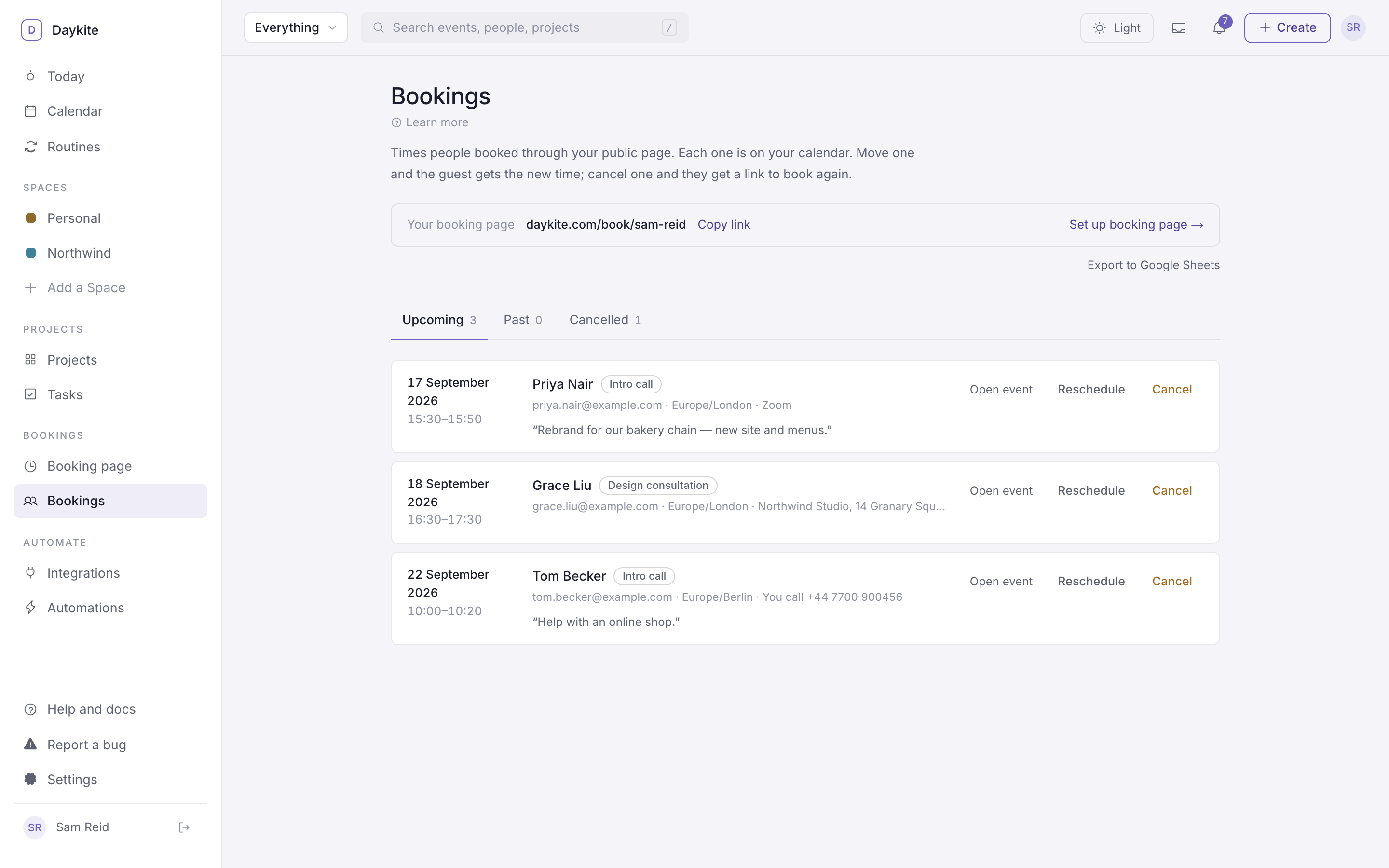 The Bookings list with Upcoming, Past and Cancelled tabs, each booking showing its guest, type, how you'll meet and actions