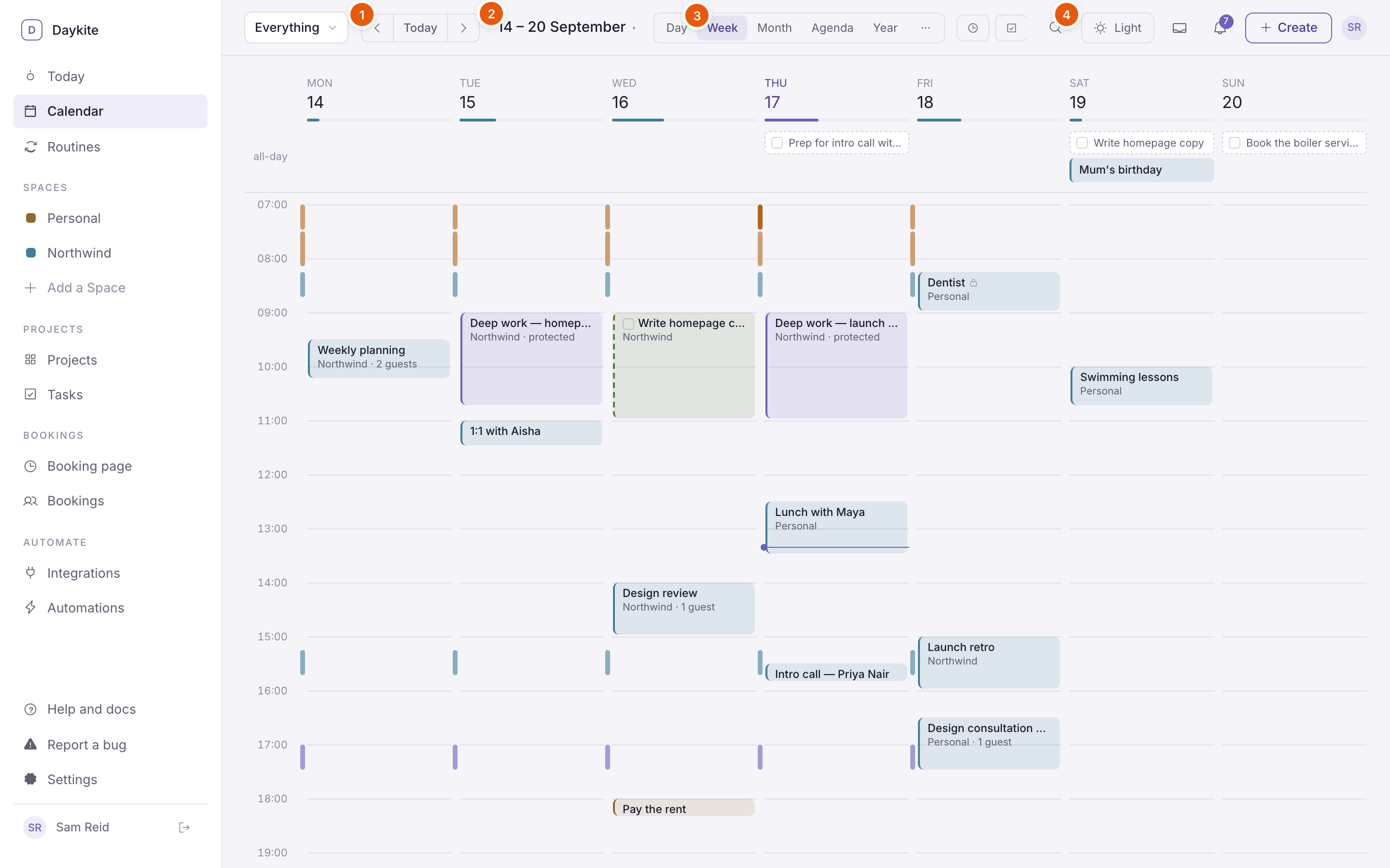 The week view with the period arrows, date, view switcher and tool buttons marked
