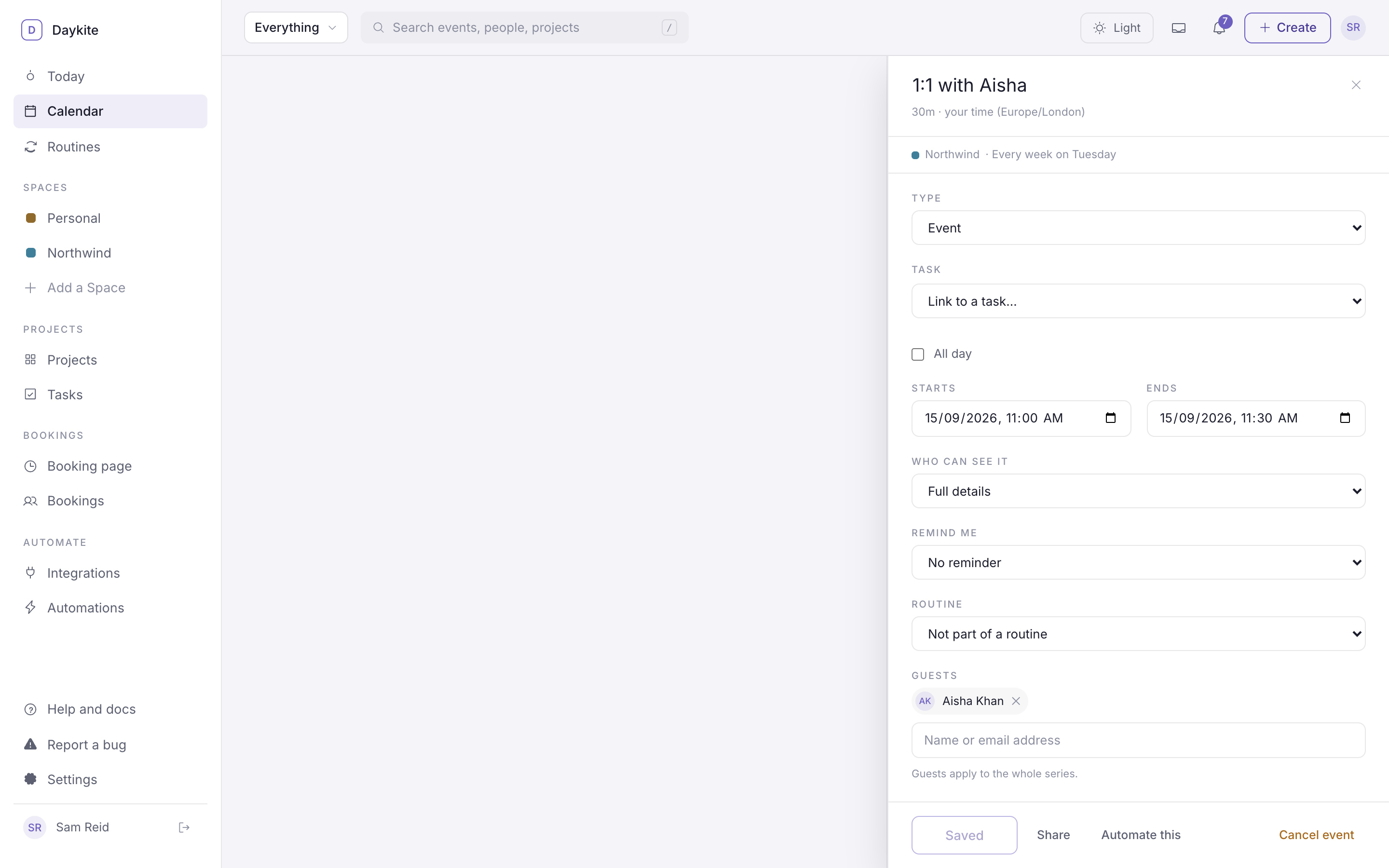 An event drawer for "1:1 with Aisha", showing its Space, repeat rule, type, times, guests and the footer buttons
