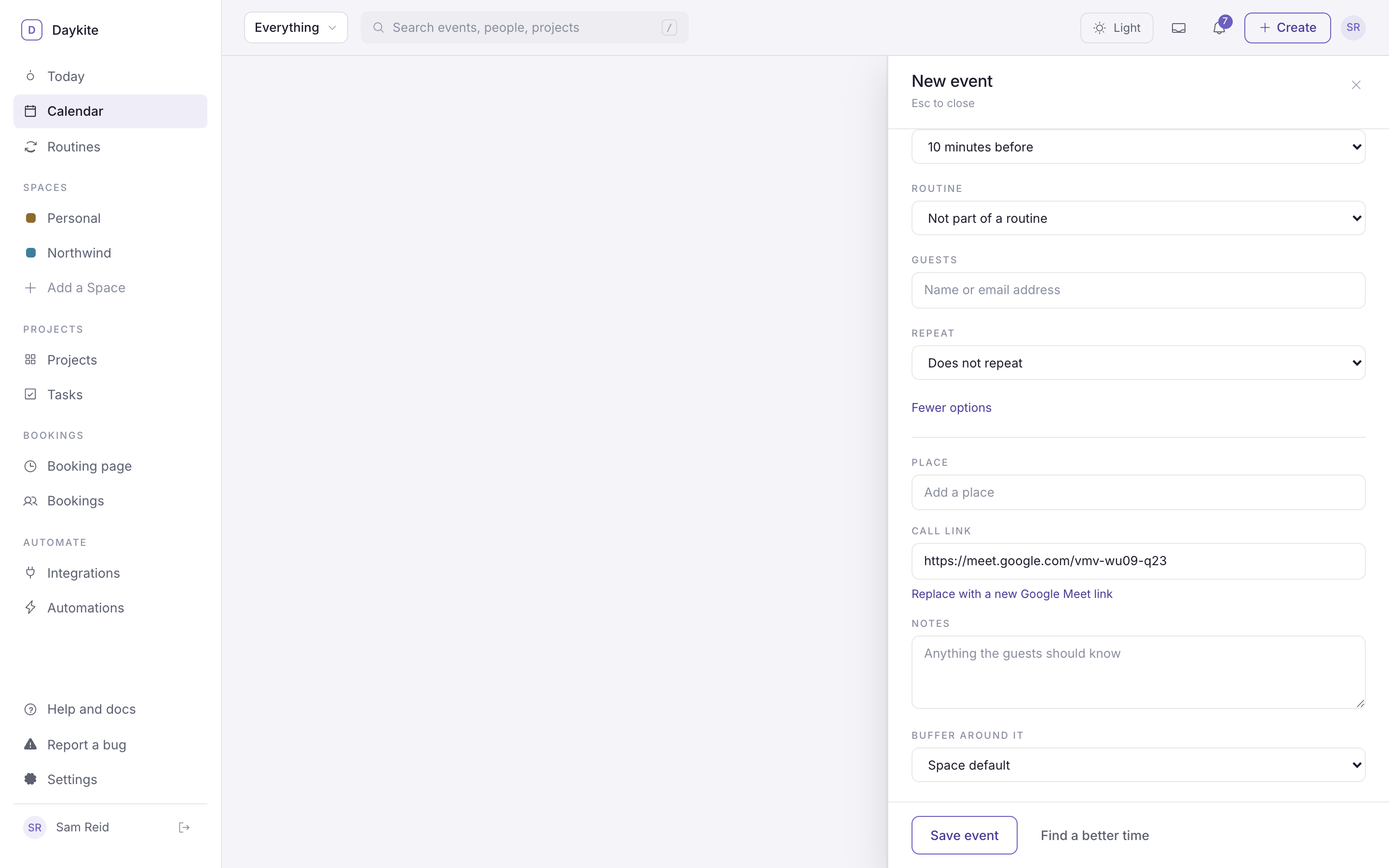 The event form with a Google Meet link under Call link