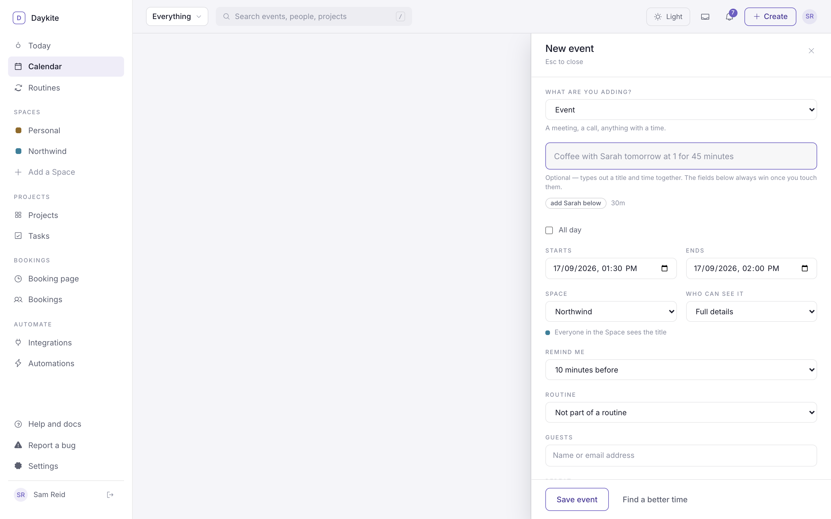 The New event form with the type menu, the plain-English line, dates, Space and visibility