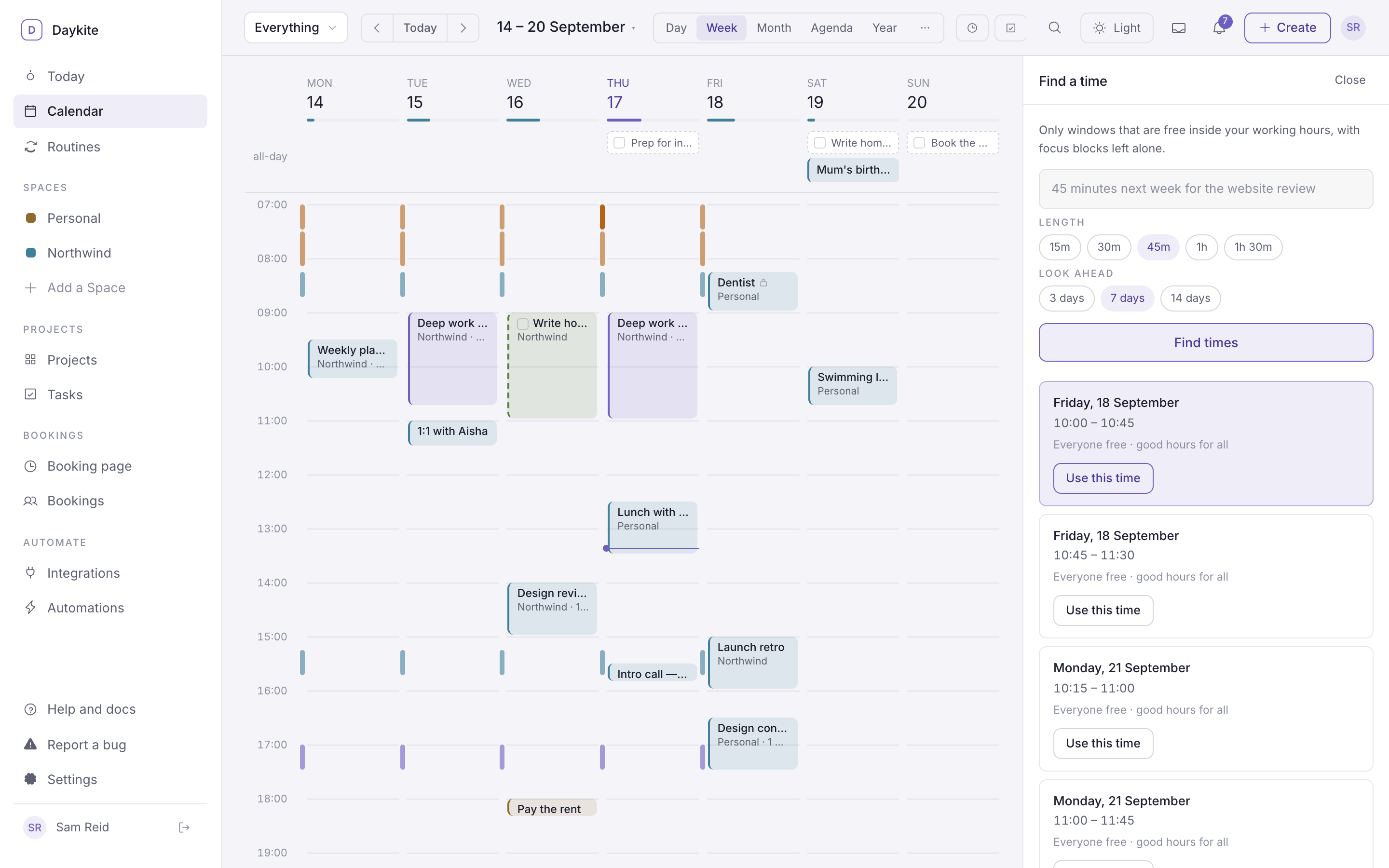 The Find a time panel beside the week view, with lengths, a look-ahead choice and three suggested times