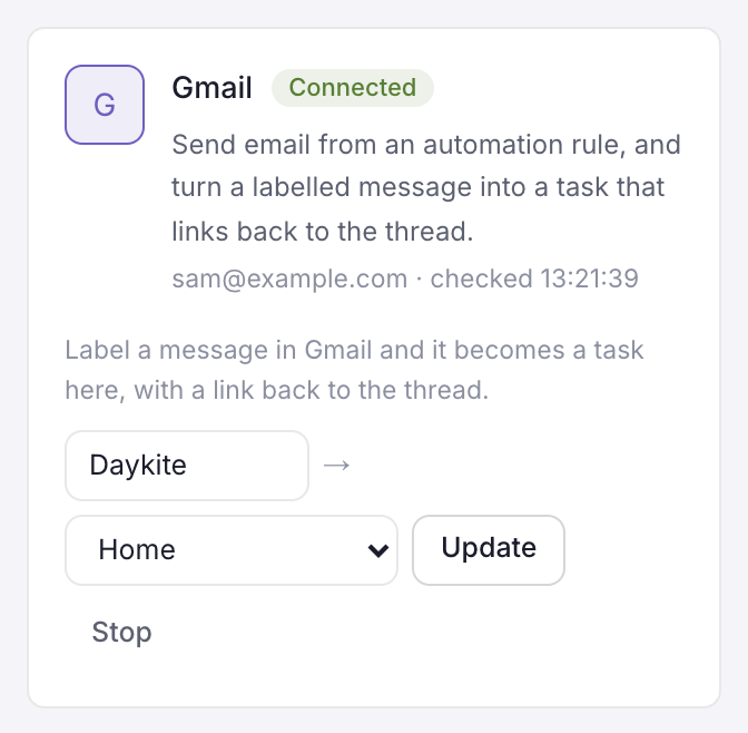 The Gmail card with the Daykite label and the Home list chosen
