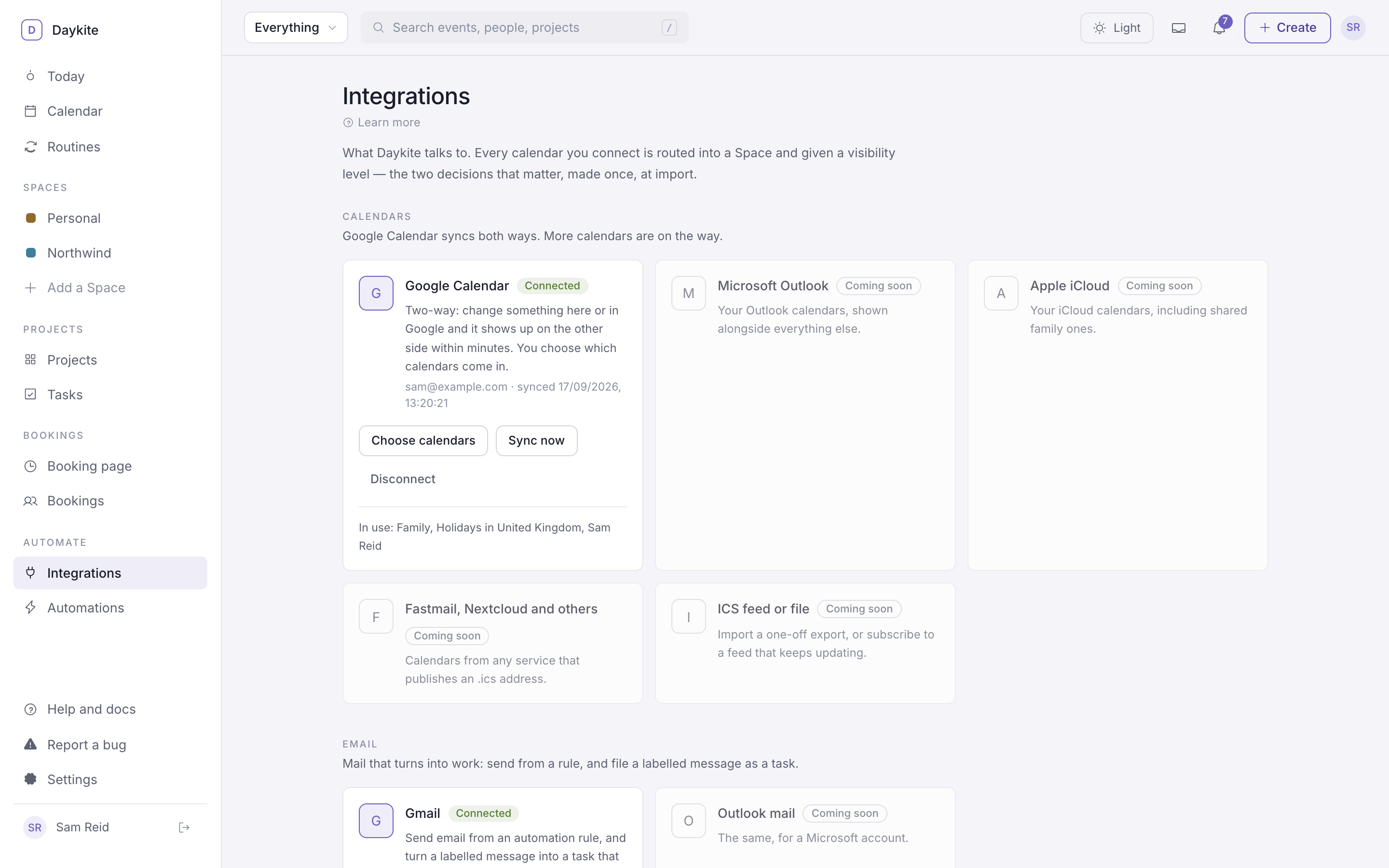 The Integrations page with Google Calendar connected, showing the calendars in use and Choose calendars, Sync now and Disconnect