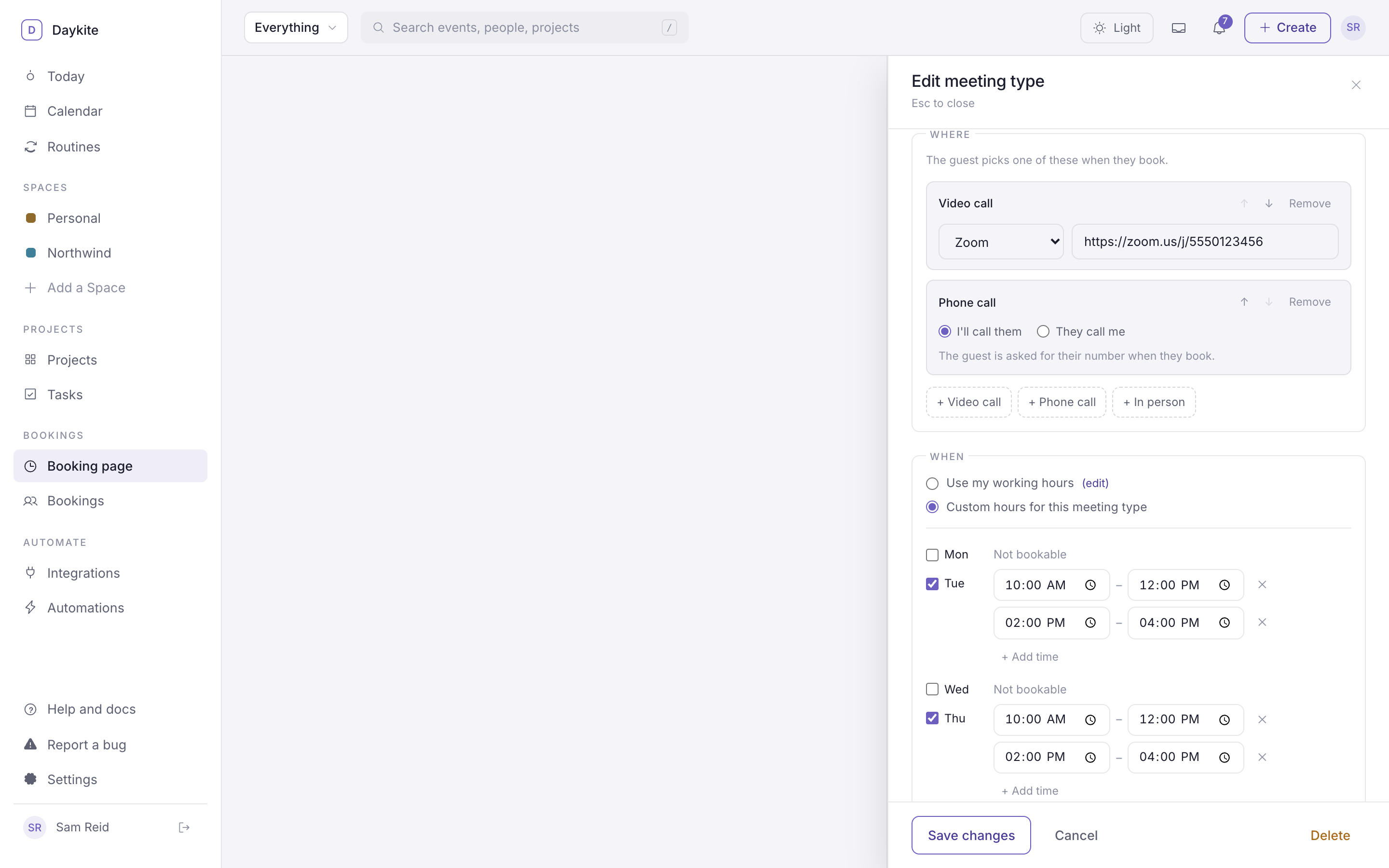 The meeting type editor with name, link, length, gap, notice, Where and When