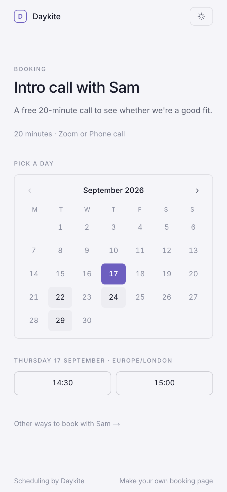 The booking page on a phone, with the month and the day's times stacked