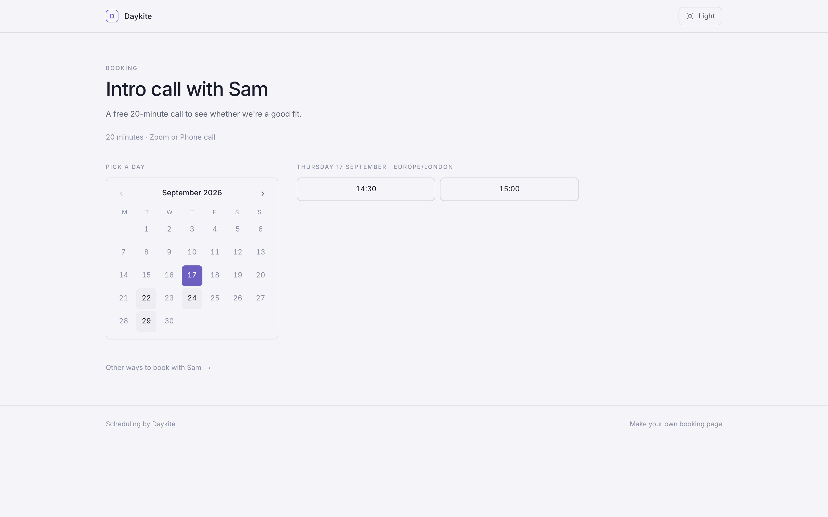 The public booking page with a month calendar on the left and times for the chosen day on the right