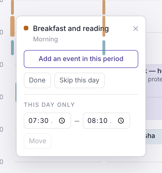A routine popover with Add an event in this period, Done, Skip this day and the This day only times