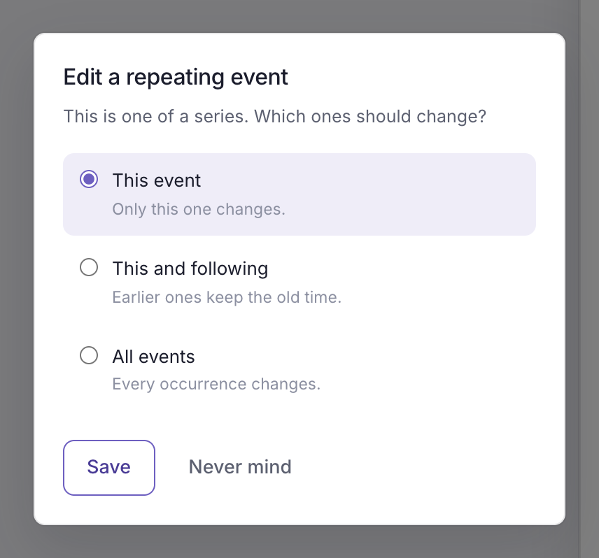 The "Edit a repeating event" dialog with This event, This and following, and All events