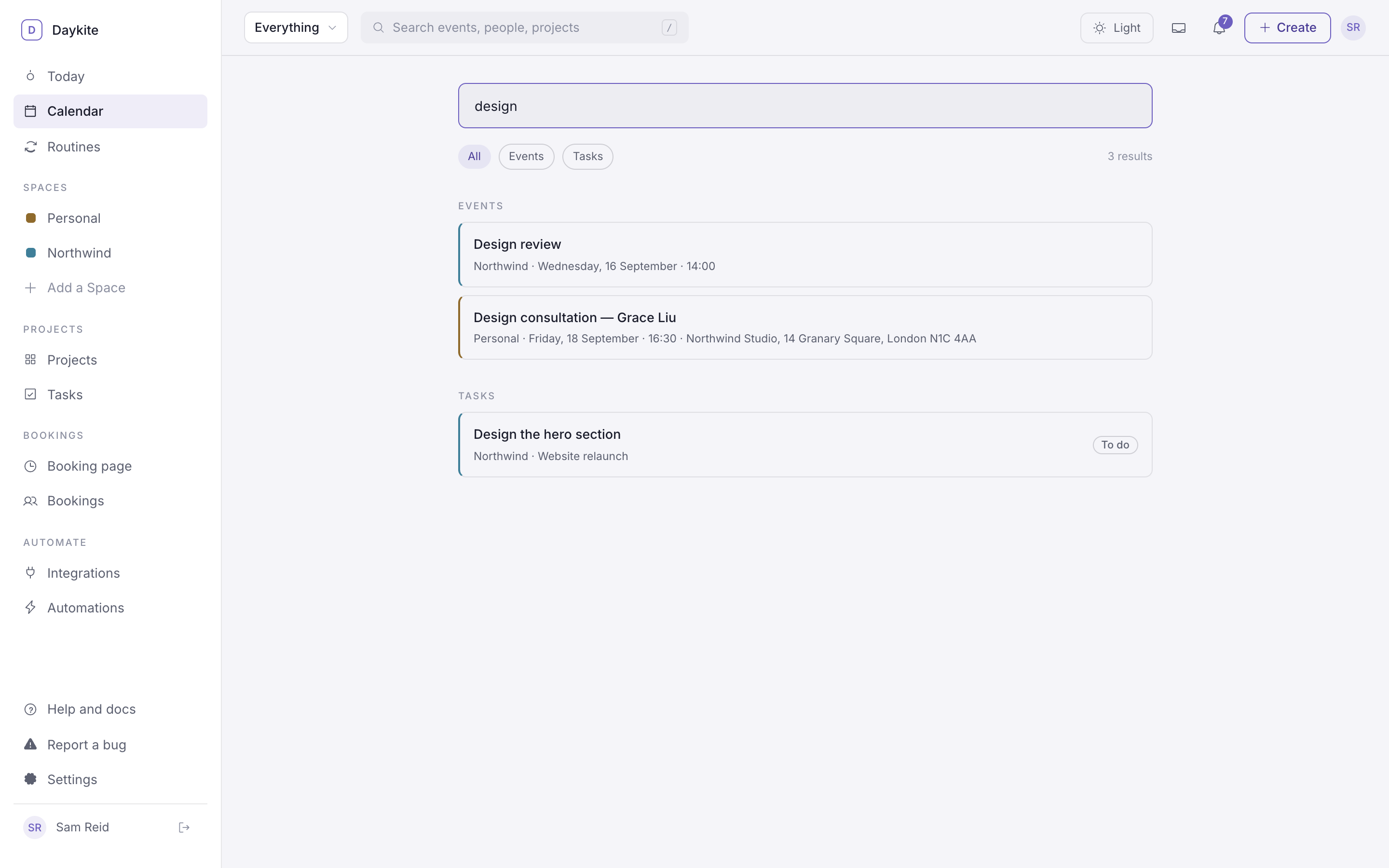 Search results for "design" with Events and Tasks sections