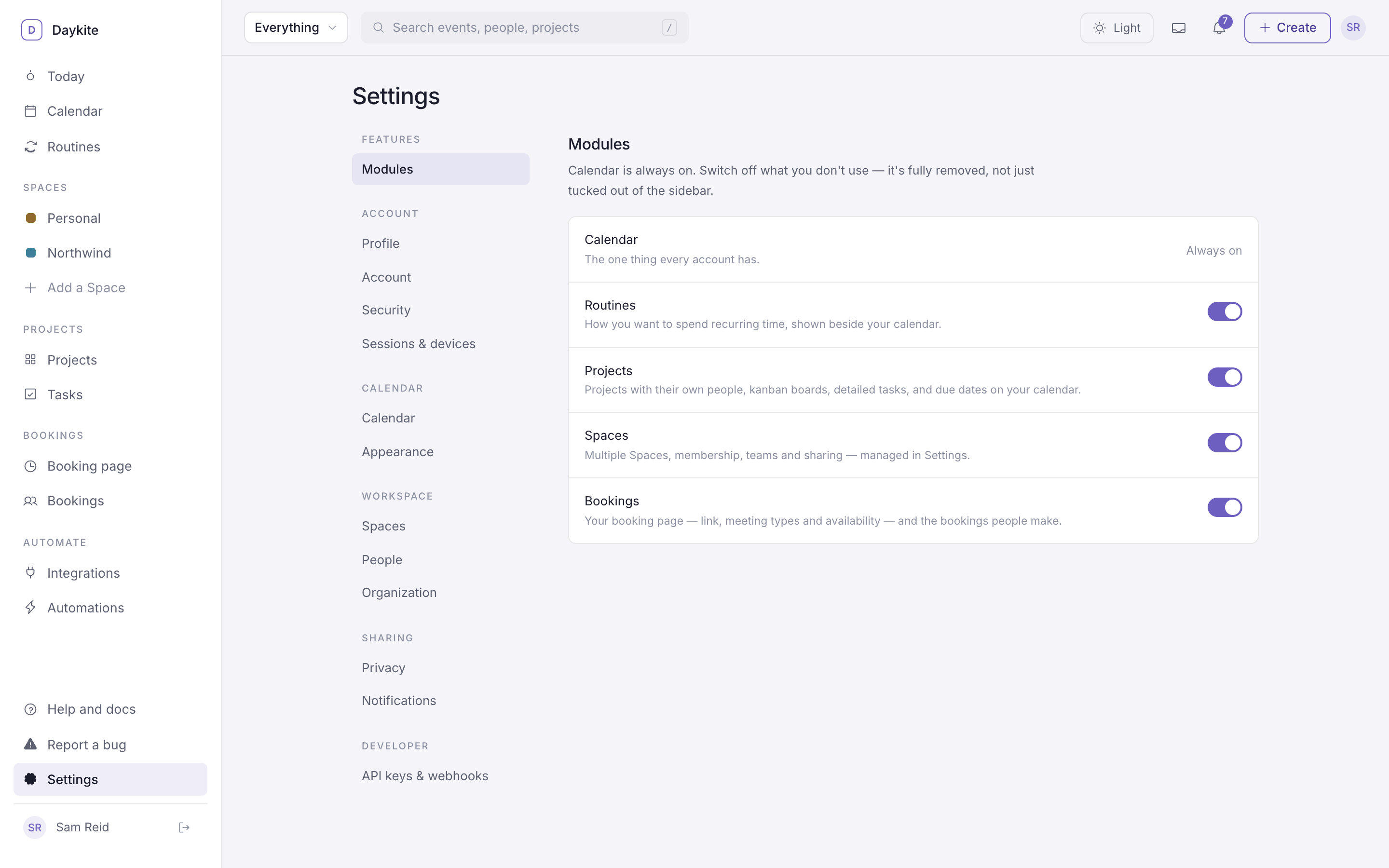 Settings → Modules with a switch beside Routines, Projects, Spaces and Bookings