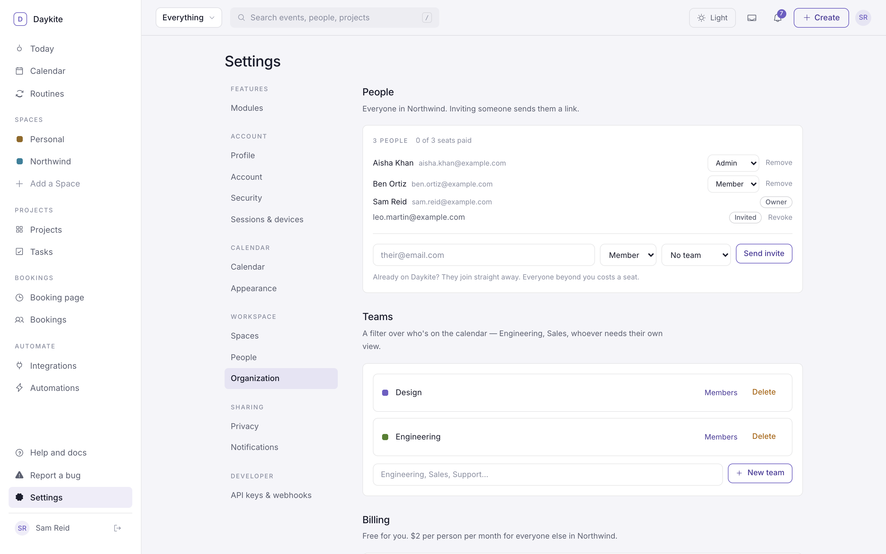 Settings → Organization with People, Teams and Billing