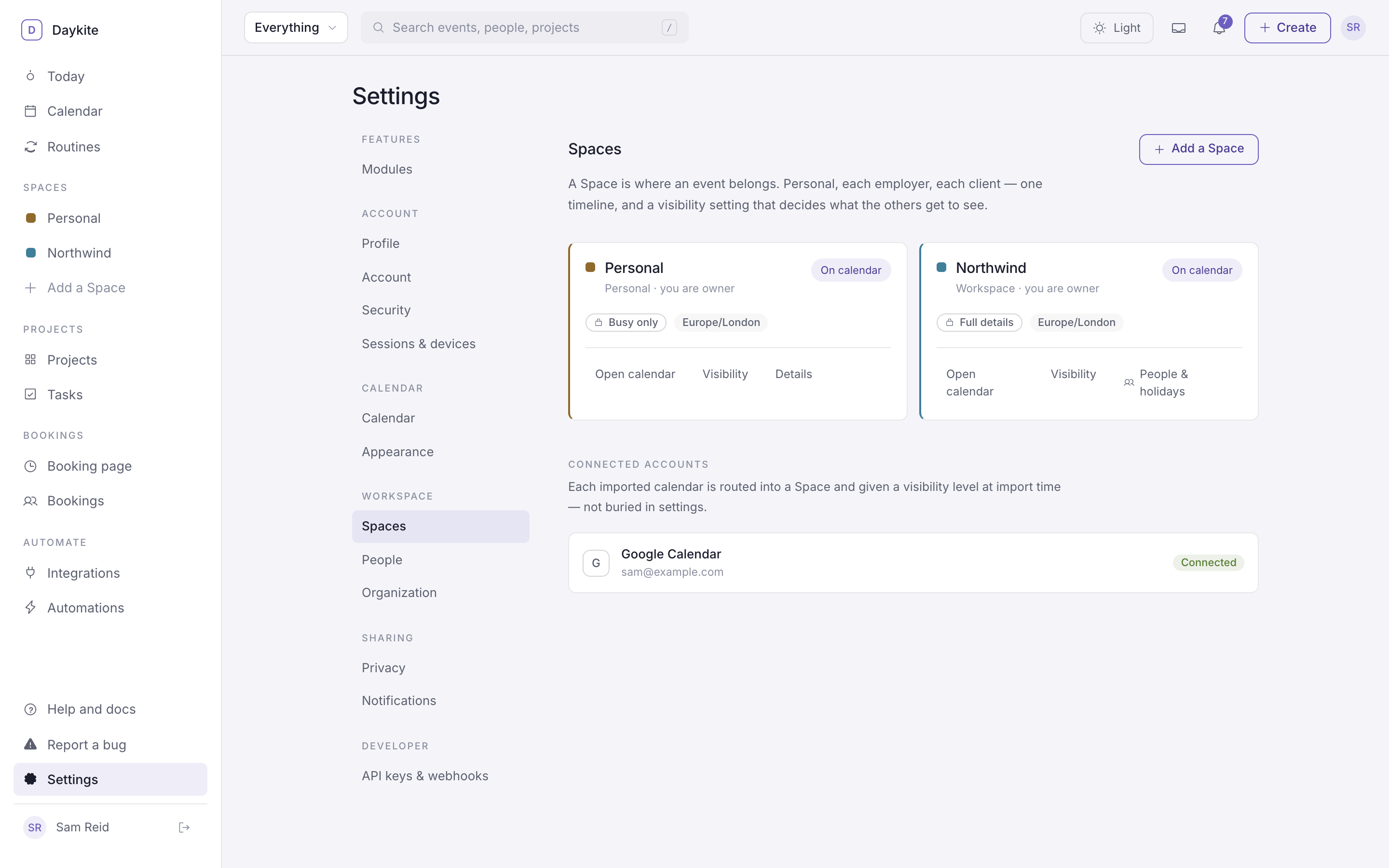 Settings → Spaces with Personal and Northwind cards, each showing its kind, role, visibility and On calendar