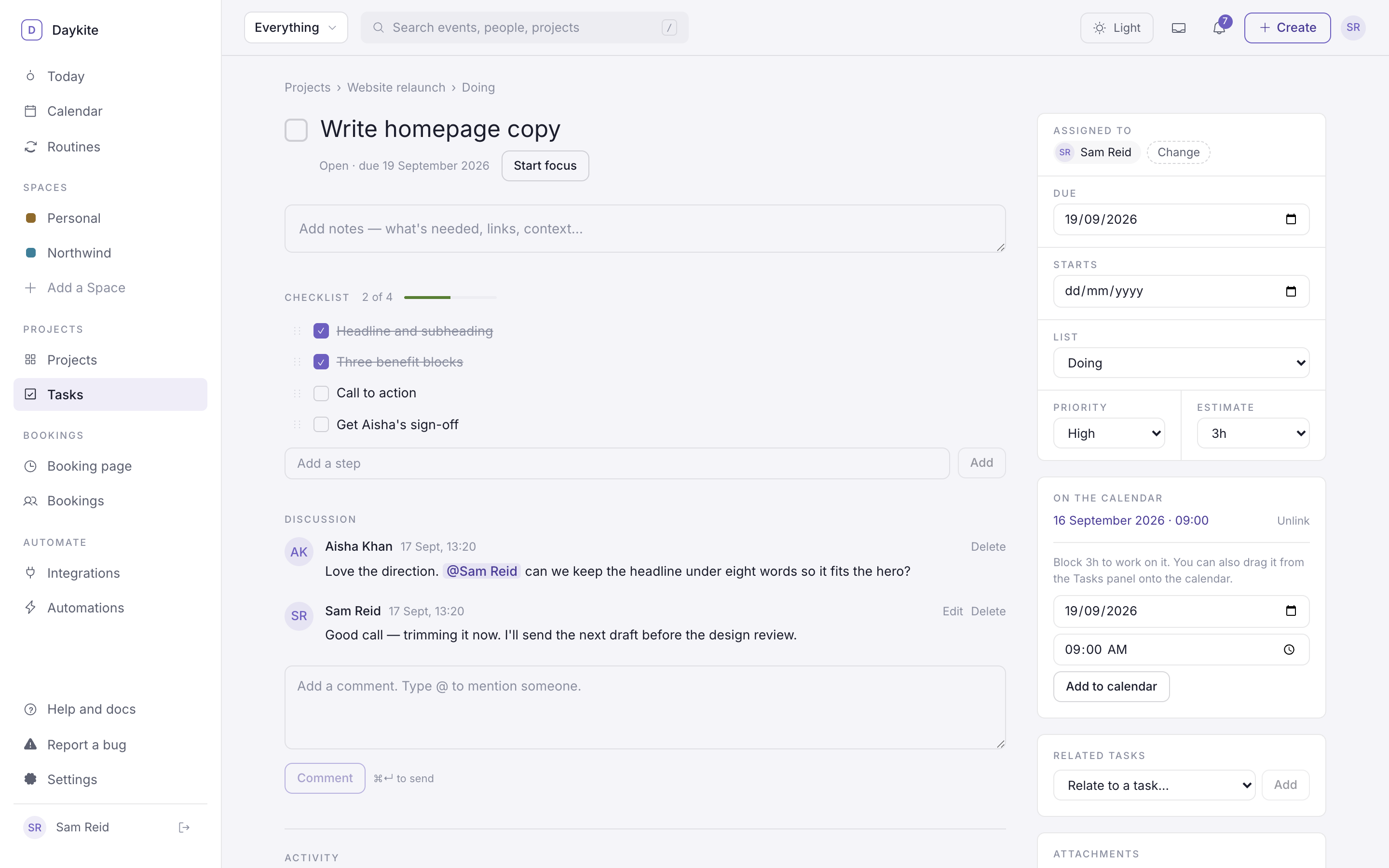 A task page with notes, a checklist, a discussion with an @mention, and the details panel on the right