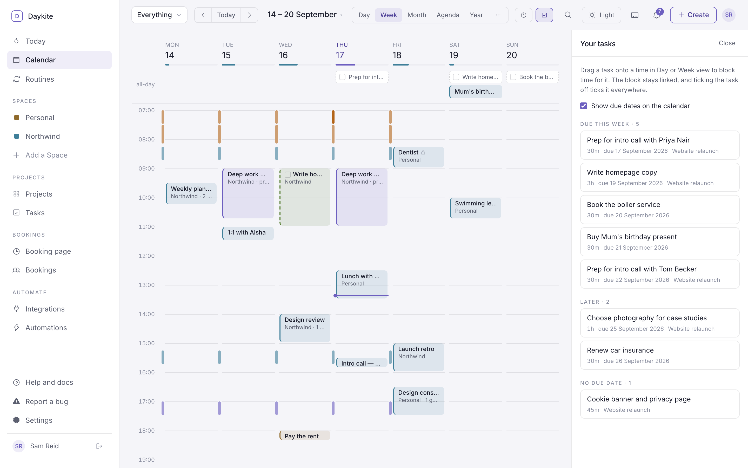 The Tasks panel open beside the week view, listing tasks by when they're due