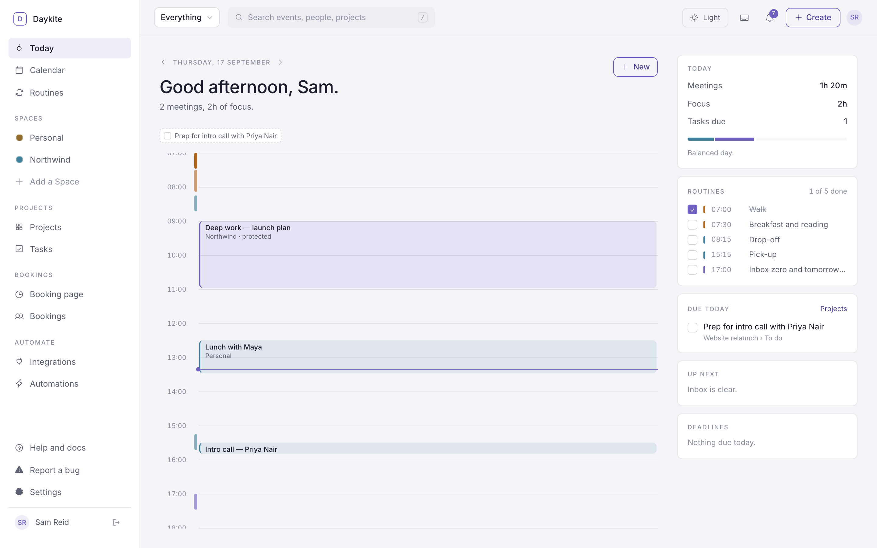 Today in Daykite: the day's timeline on the left, a summary, routines and due tasks on the right