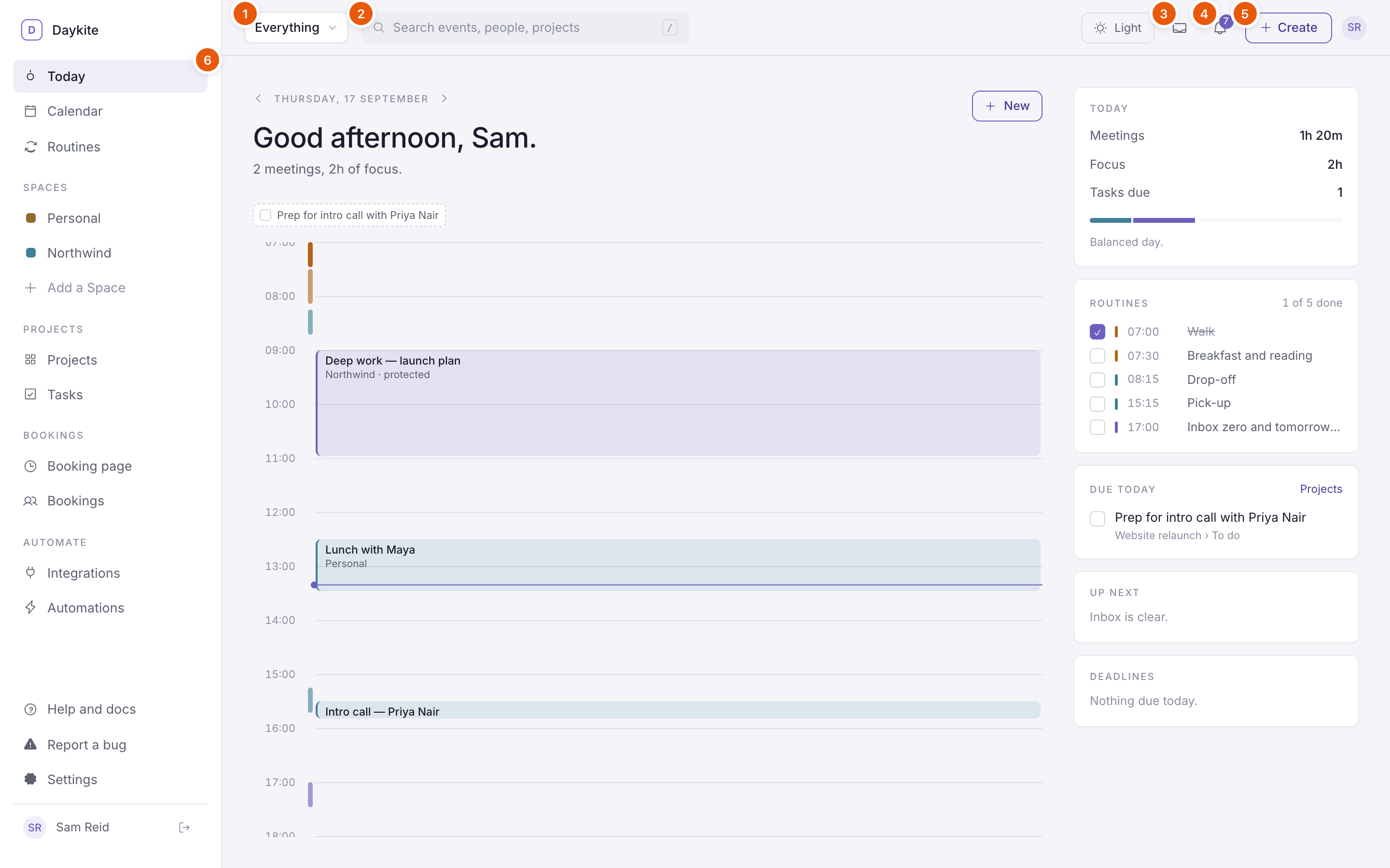 The Daykite window with numbered markers on the Space menu, search, Inbox, notifications, Create and the sidebar